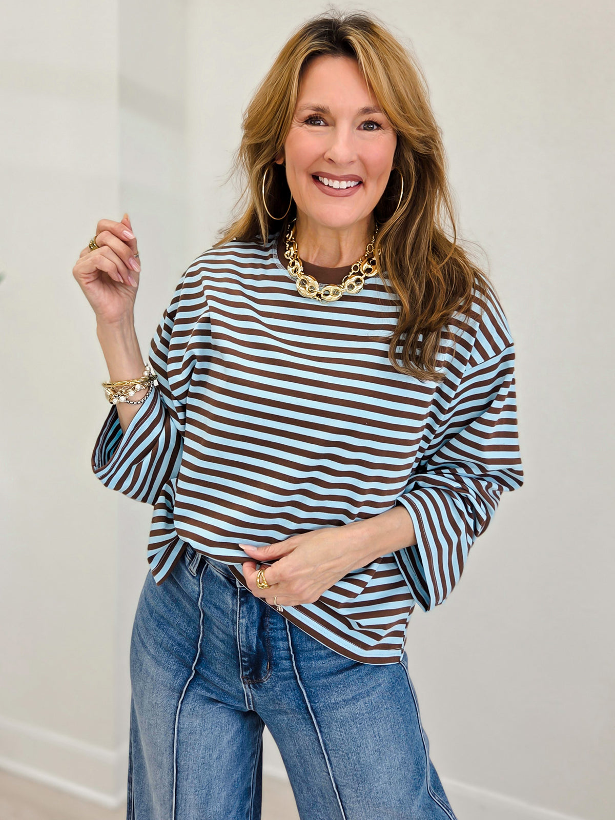 Striped Contrast Crew Neck Long Sleeve Knit Top