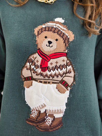 Teddy Motif Rolled Neckline Knit Sweater
