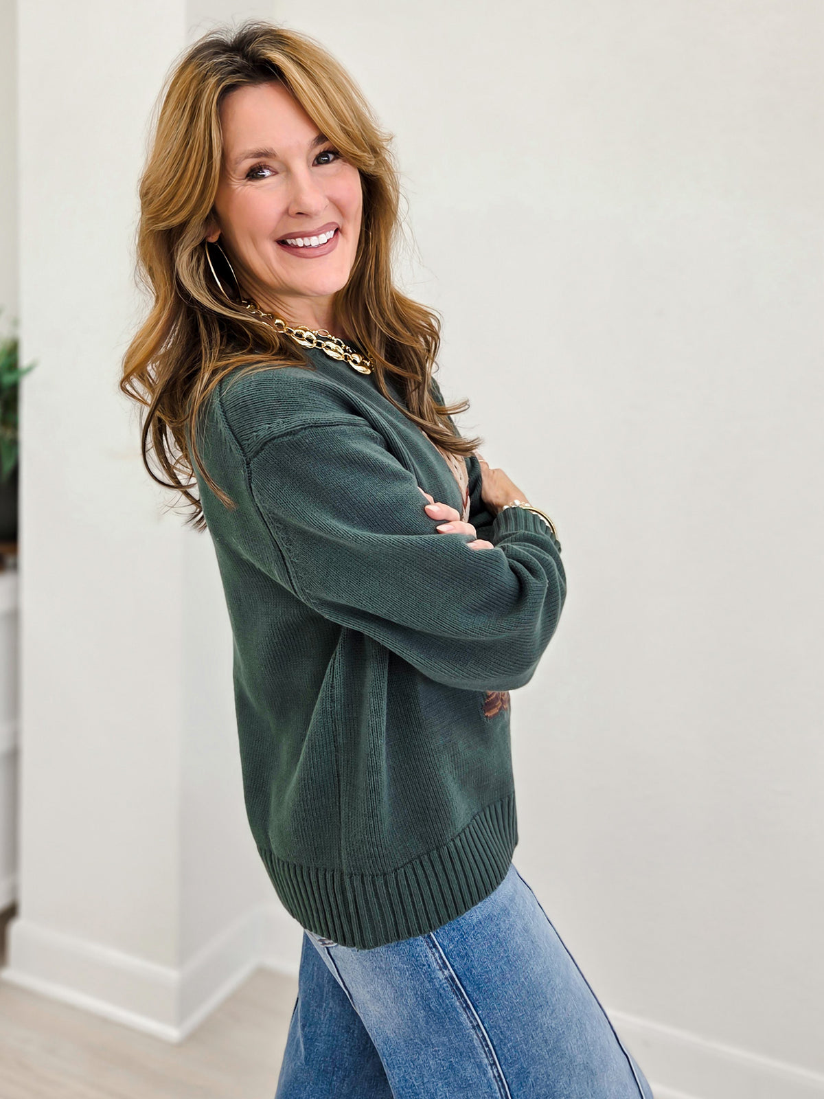 Teddy Motif Rolled Neckline Knit Sweater