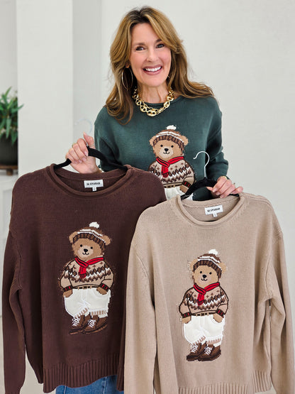 Teddy Motif Rolled Neckline Knit Sweater