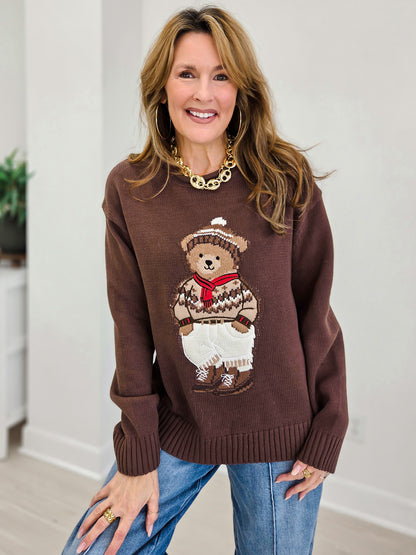 Teddy Motif Rolled Neckline Knit Sweater