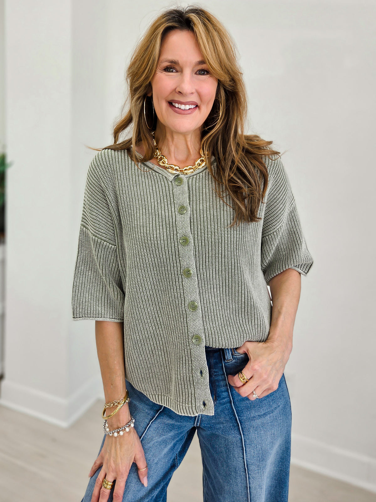 Ribbed Short Sleeve Rolled Edge Cardigan