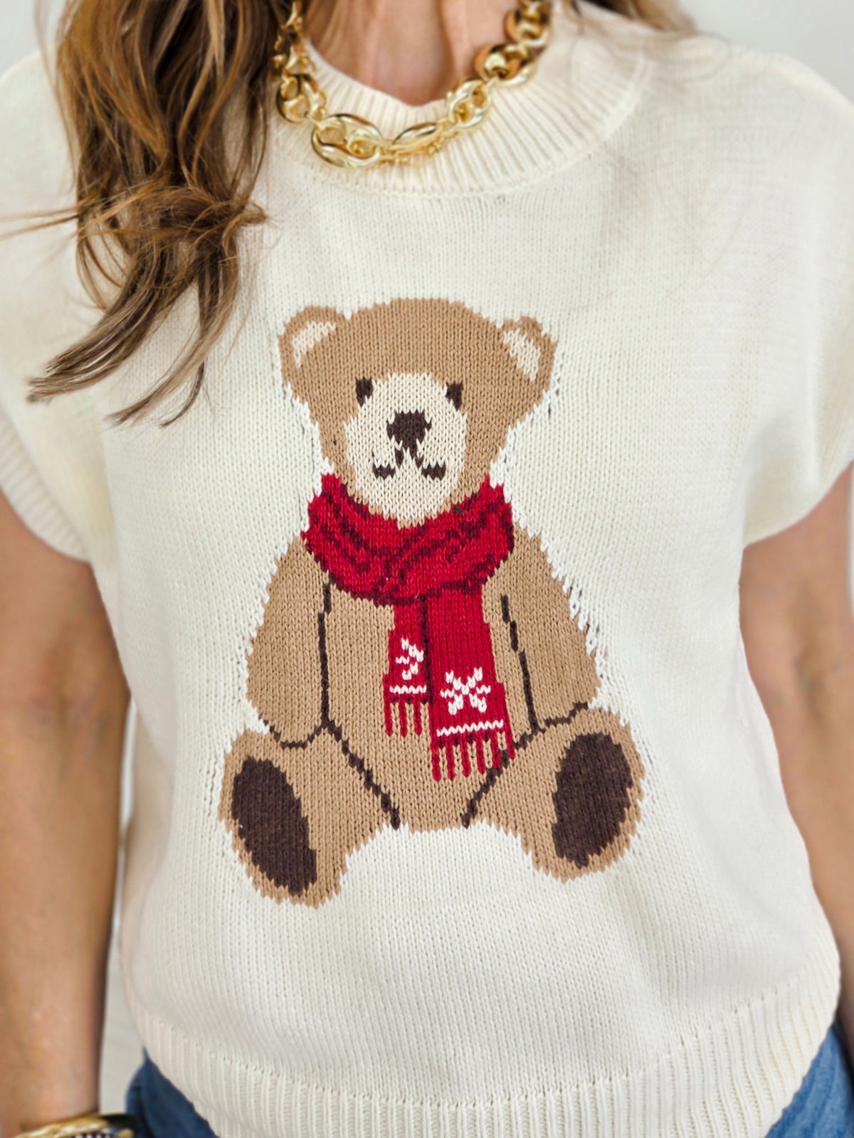 Teddy Bear Jacquard Short Sleeve Knit Sweater