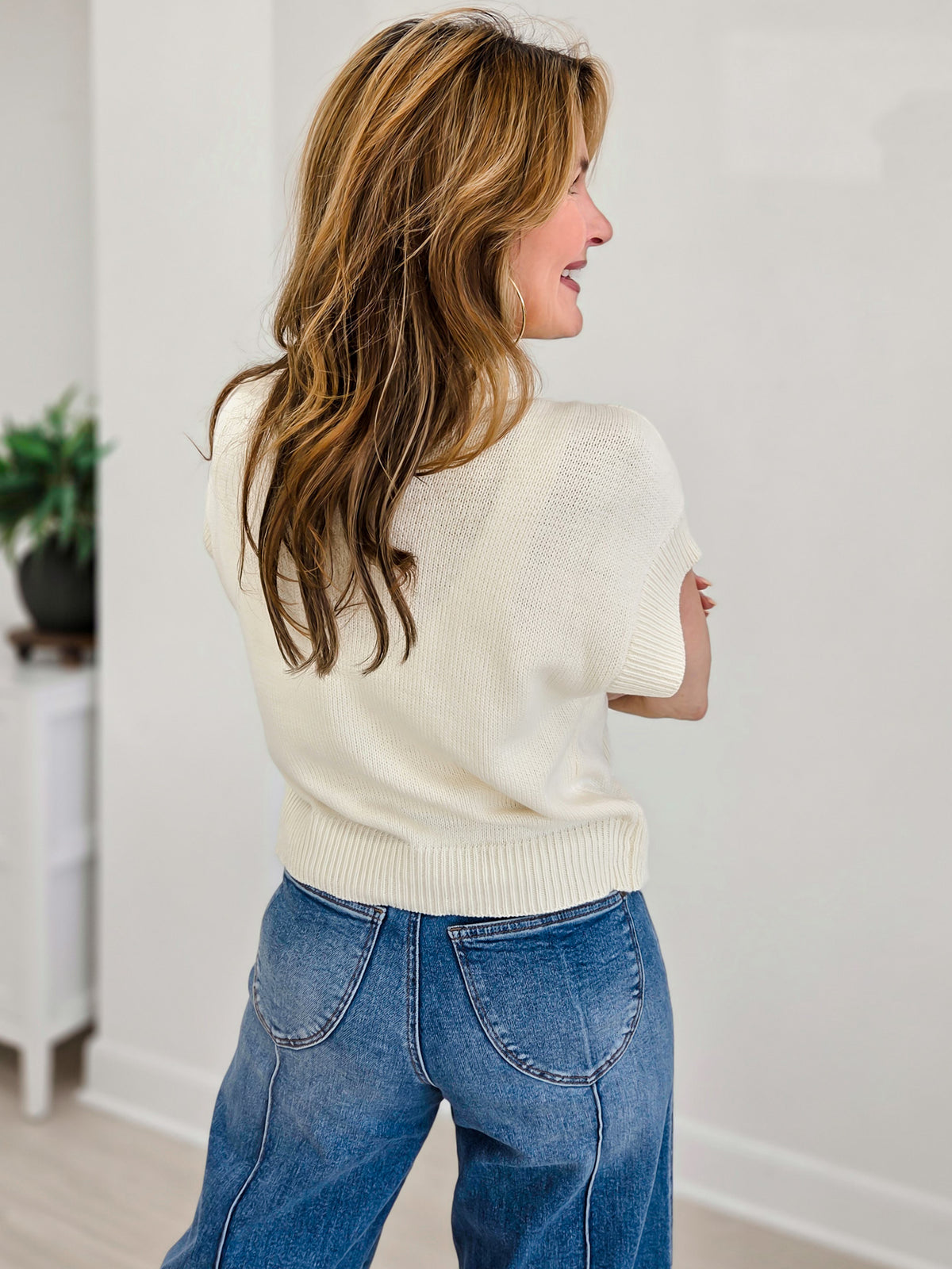 Teddy Bear Jacquard Short Sleeve Knit Sweater