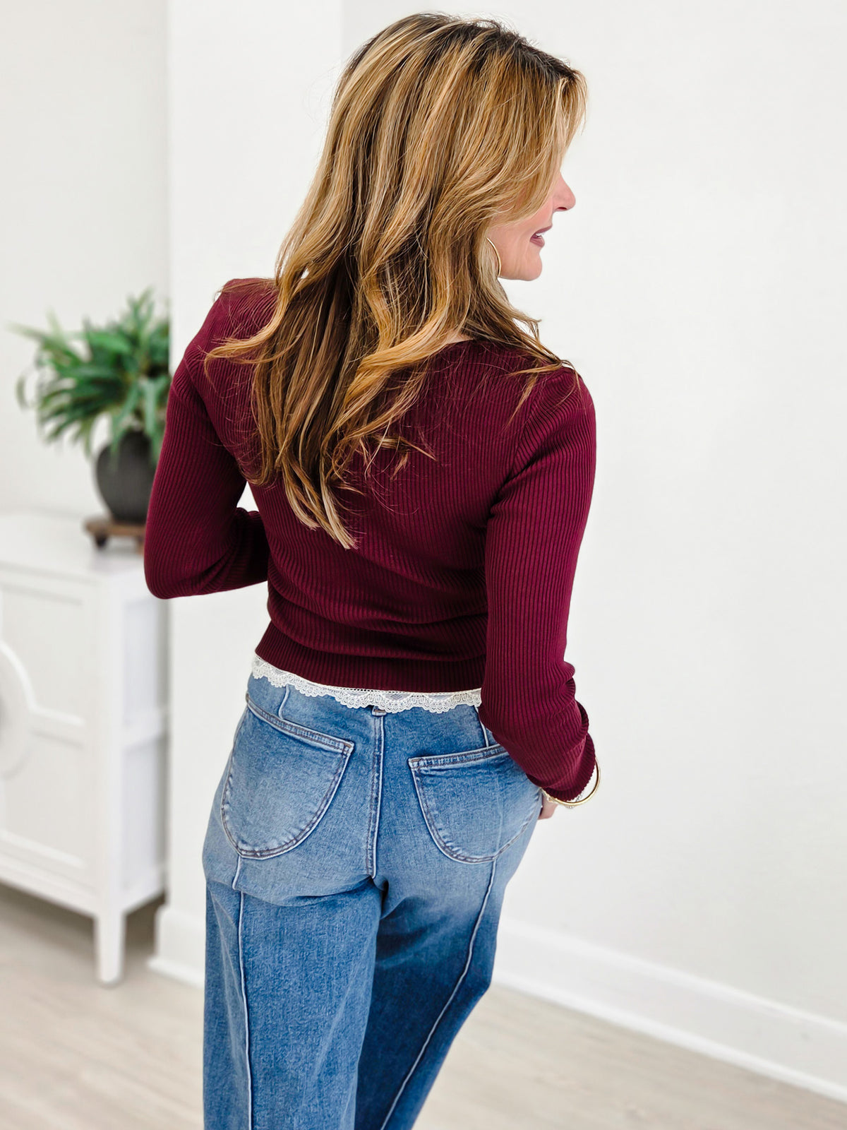 Square Neck Long Sleeve Sweater Lace Trim