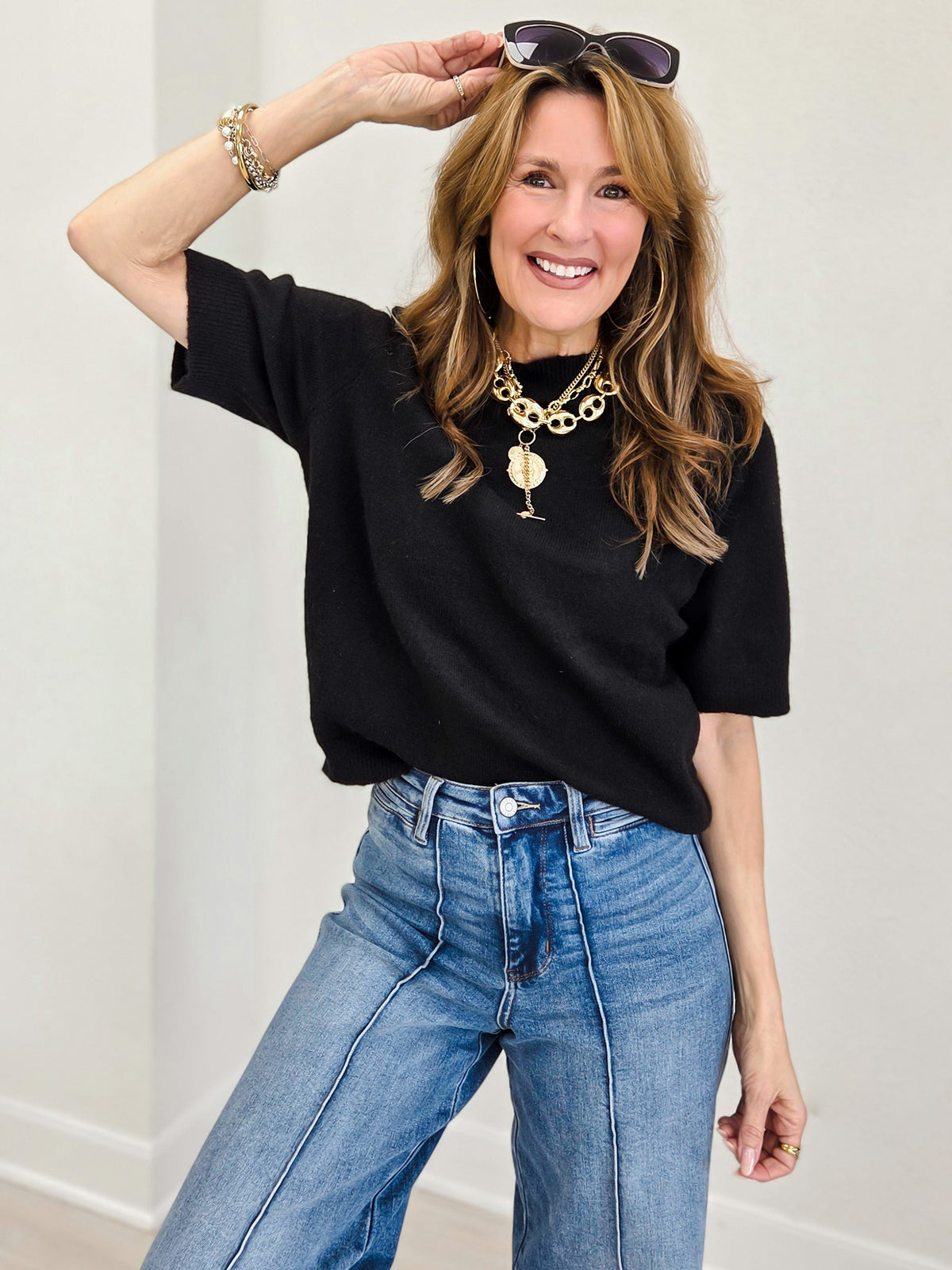 Short Sleeve Ribbed Hem Pullover Sweater