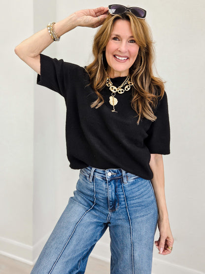 Short Sleeve Ribbed Hem Pullover Sweater