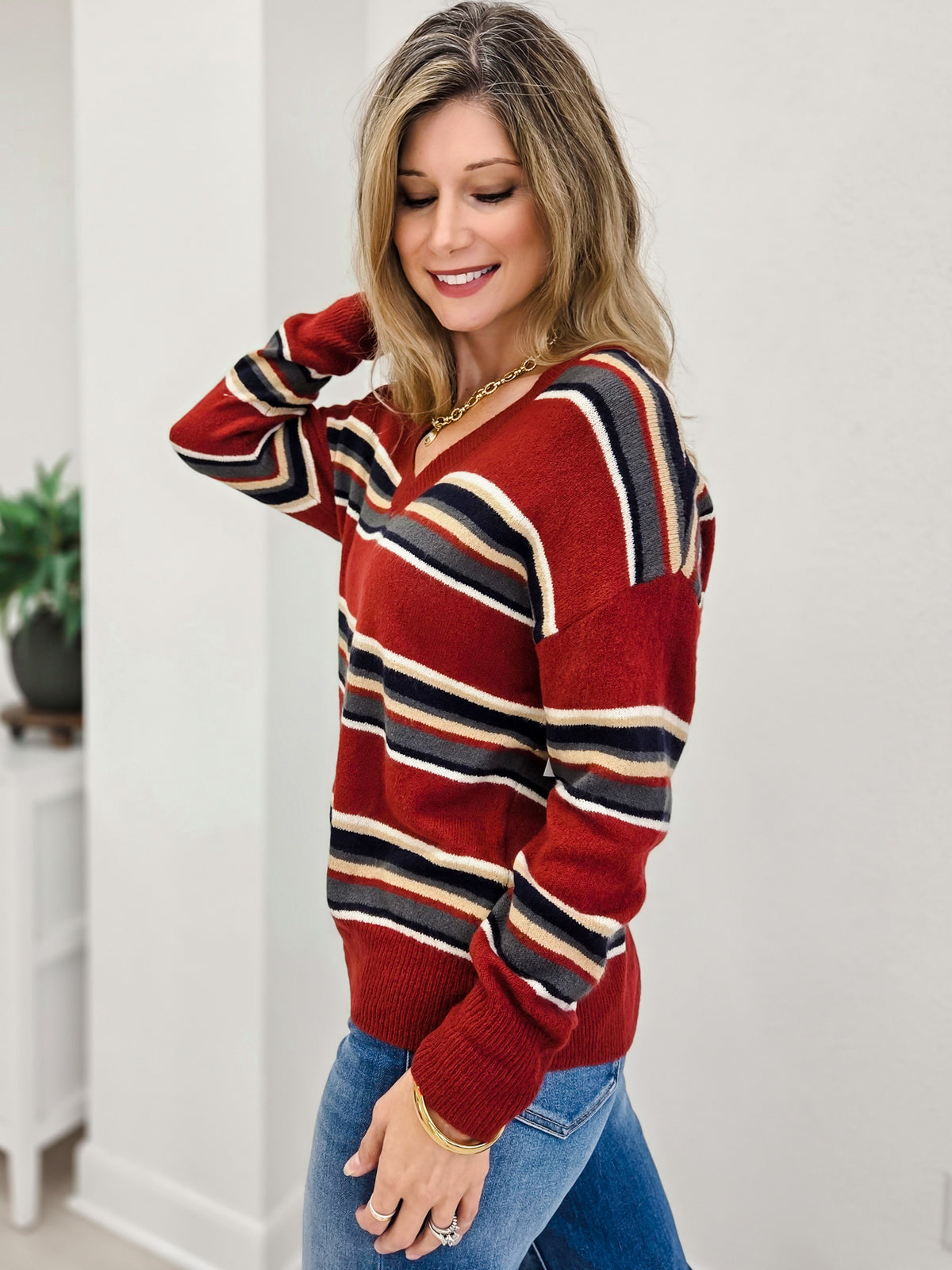 Multicolor Stripe V Neck Long Sleeve Knit Sweater