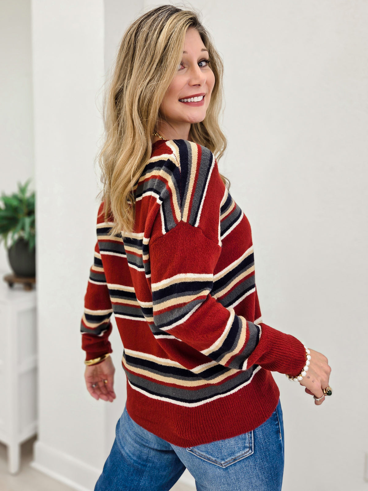 Multicolor Stripe V Neck Long Sleeve Knit Sweater