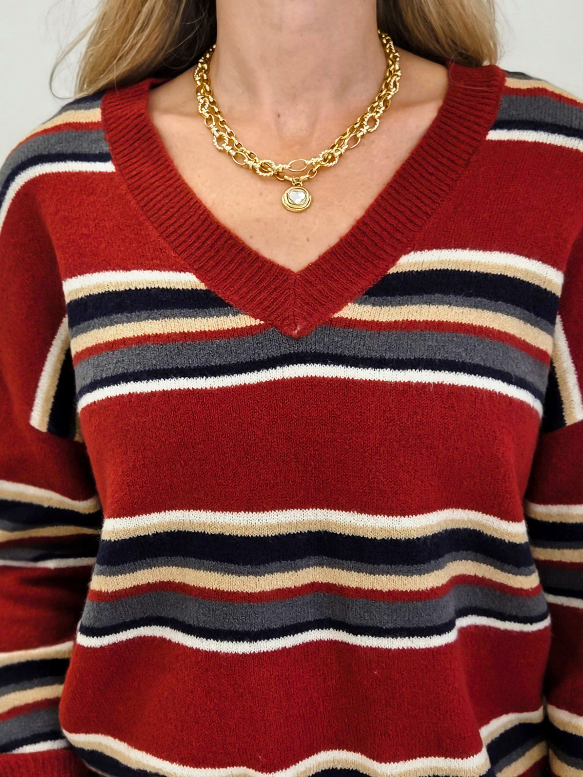 Multicolor Stripe V Neck Long Sleeve Knit Sweater