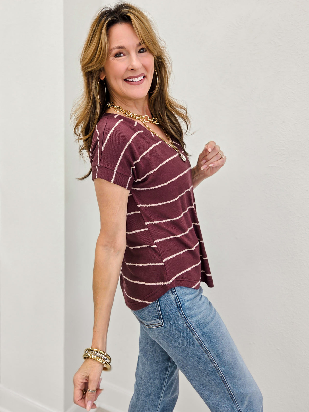 Stripe V Neck Cuffed Sleeve Knit Top