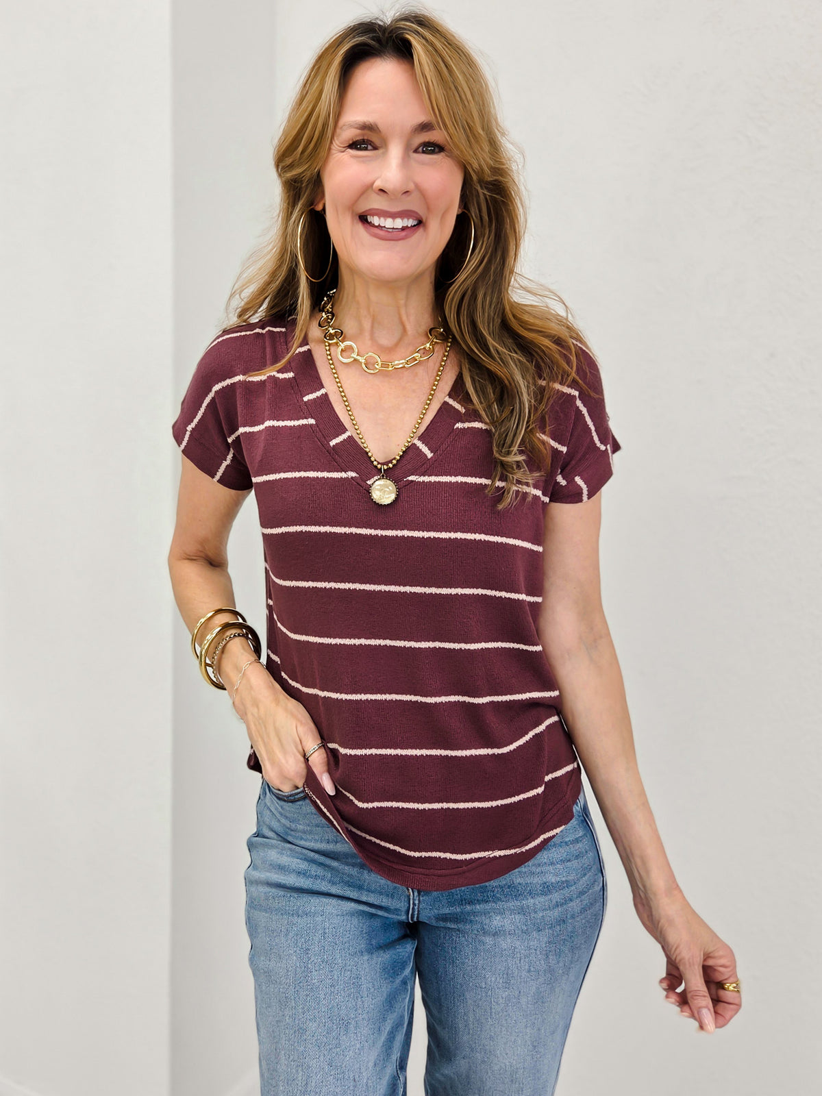 Stripe V Neck Cuffed Sleeve Knit Top
