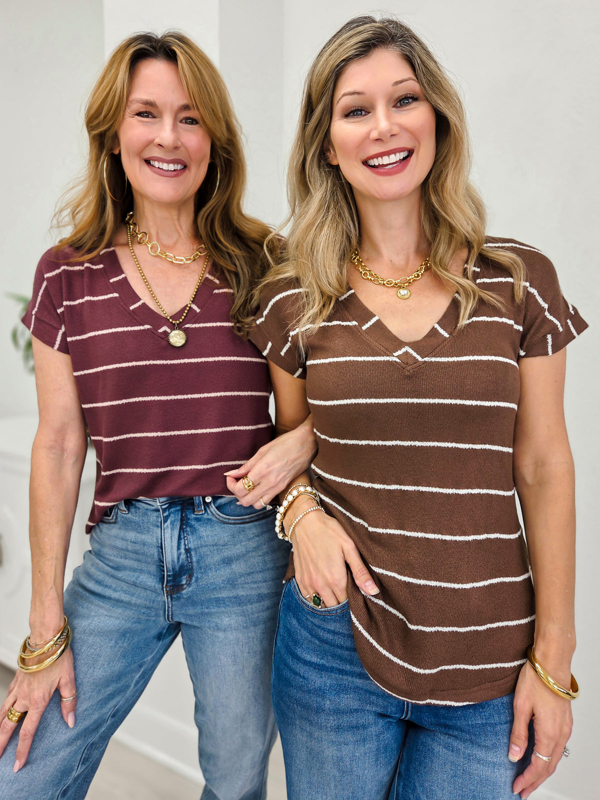 Stripe V Neck Cuffed Sleeve Knit Top