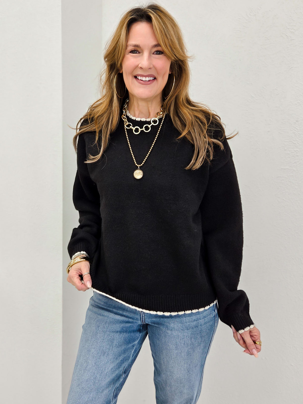 Contrast Edge Crew Neck Long Sleeve Sweater
