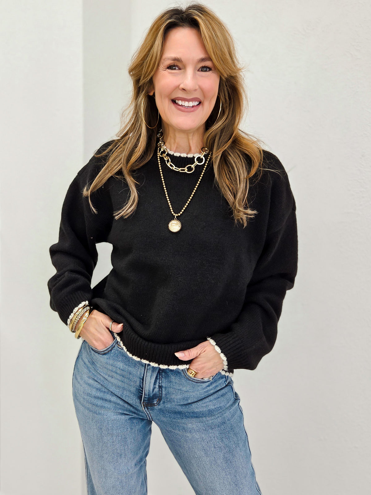 Contrast Edge Crew Neck Long Sleeve Sweater