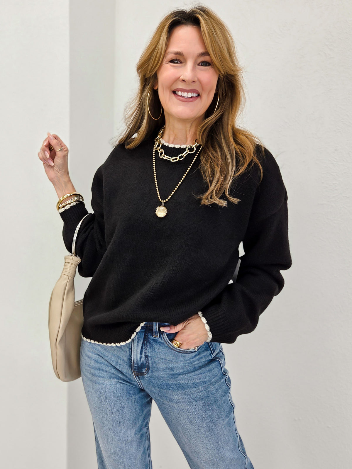 Contrast Edge Crew Neck Long Sleeve Sweater