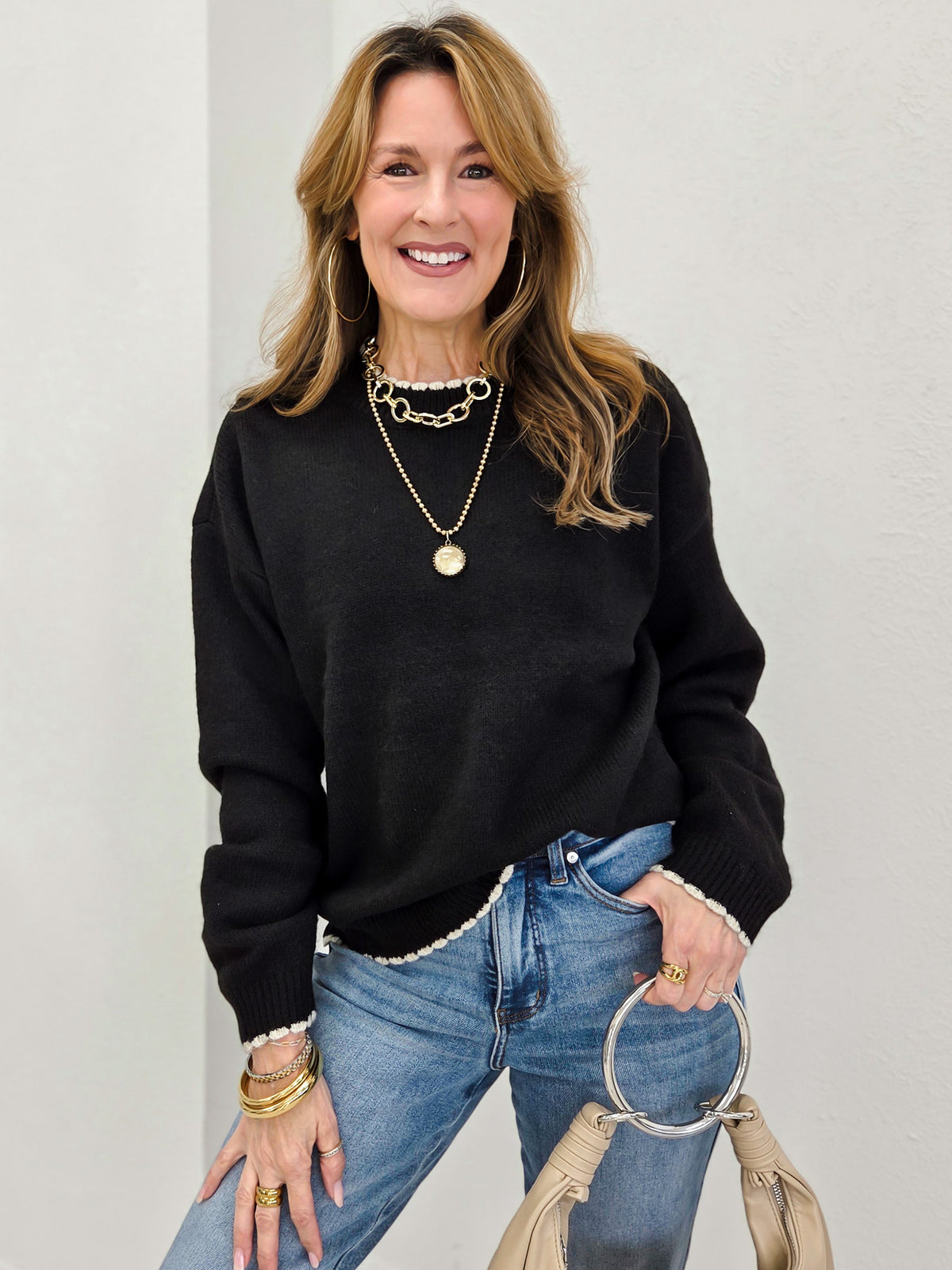 Contrast Edge Crew Neck Long Sleeve Sweater