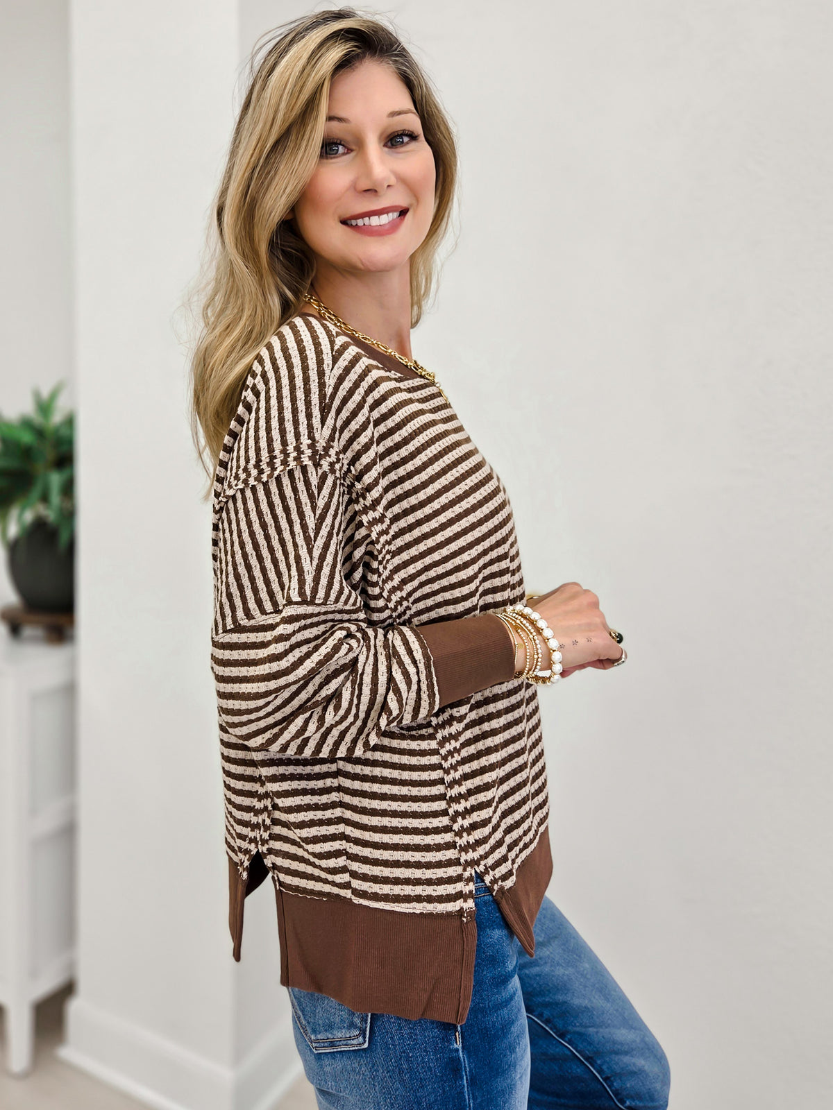 Stripe Exposed Seam Split Hem Long Sleeve Knit Top