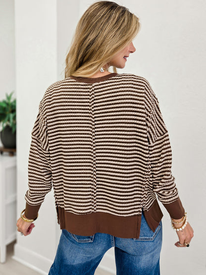 Stripe Exposed Seam Split Hem Long Sleeve Knit Top