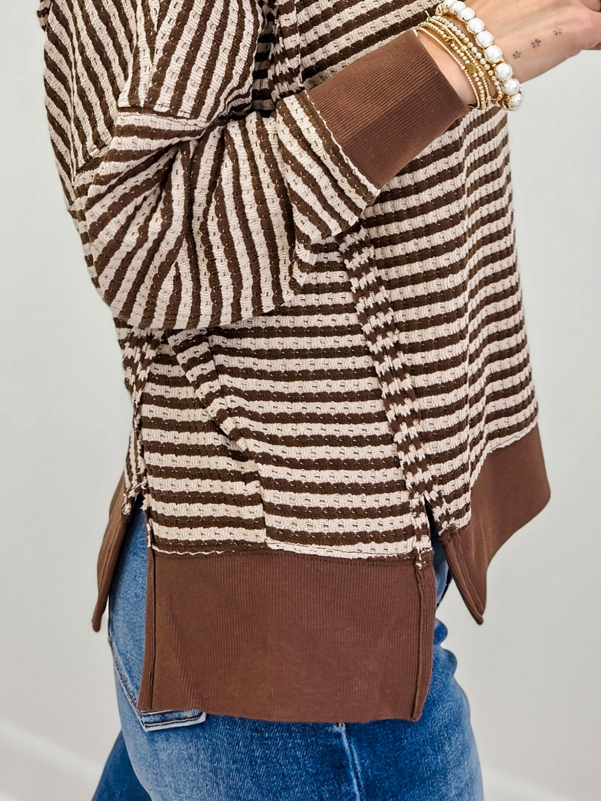 Stripe Exposed Seam Split Hem Long Sleeve Knit Top