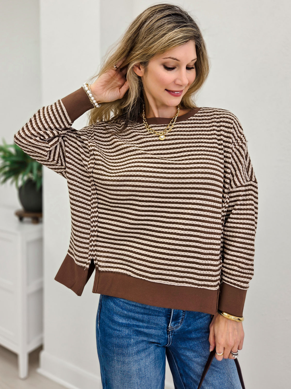 Stripe Exposed Seam Split Hem Long Sleeve Knit Top
