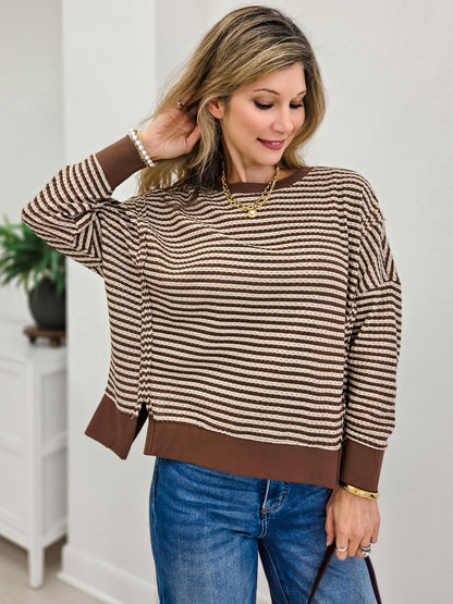 Stripe Exposed Seam Split Hem Long Sleeve Knit Top