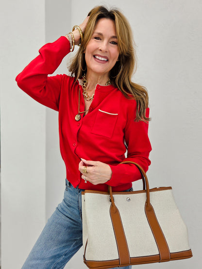 Button Down Cardigan With Contrast Piping