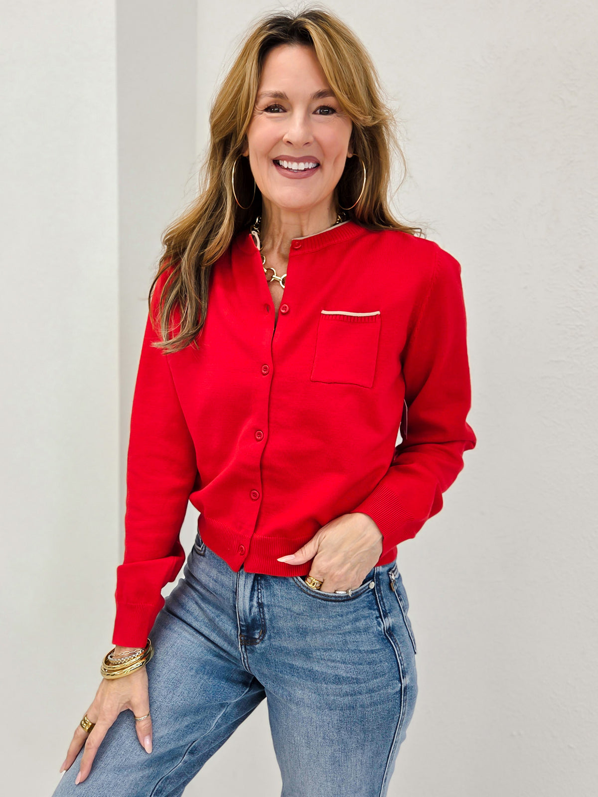 Button Down Cardigan With Contrast Piping