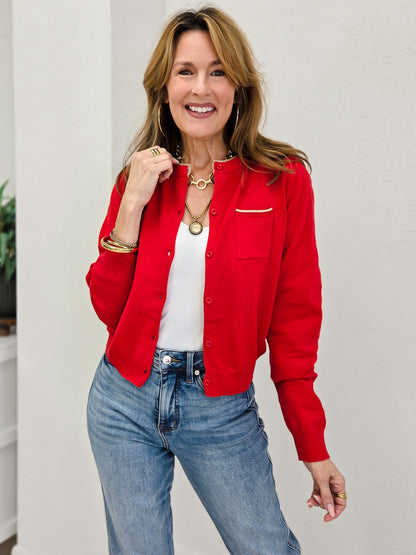 Button Down Cardigan With Contrast Piping