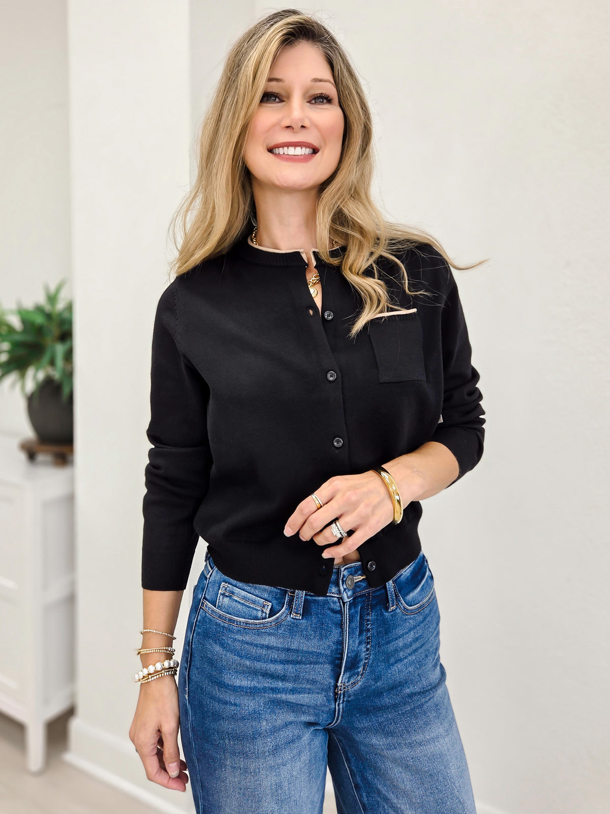 Button Down Cardigan With Contrast Piping