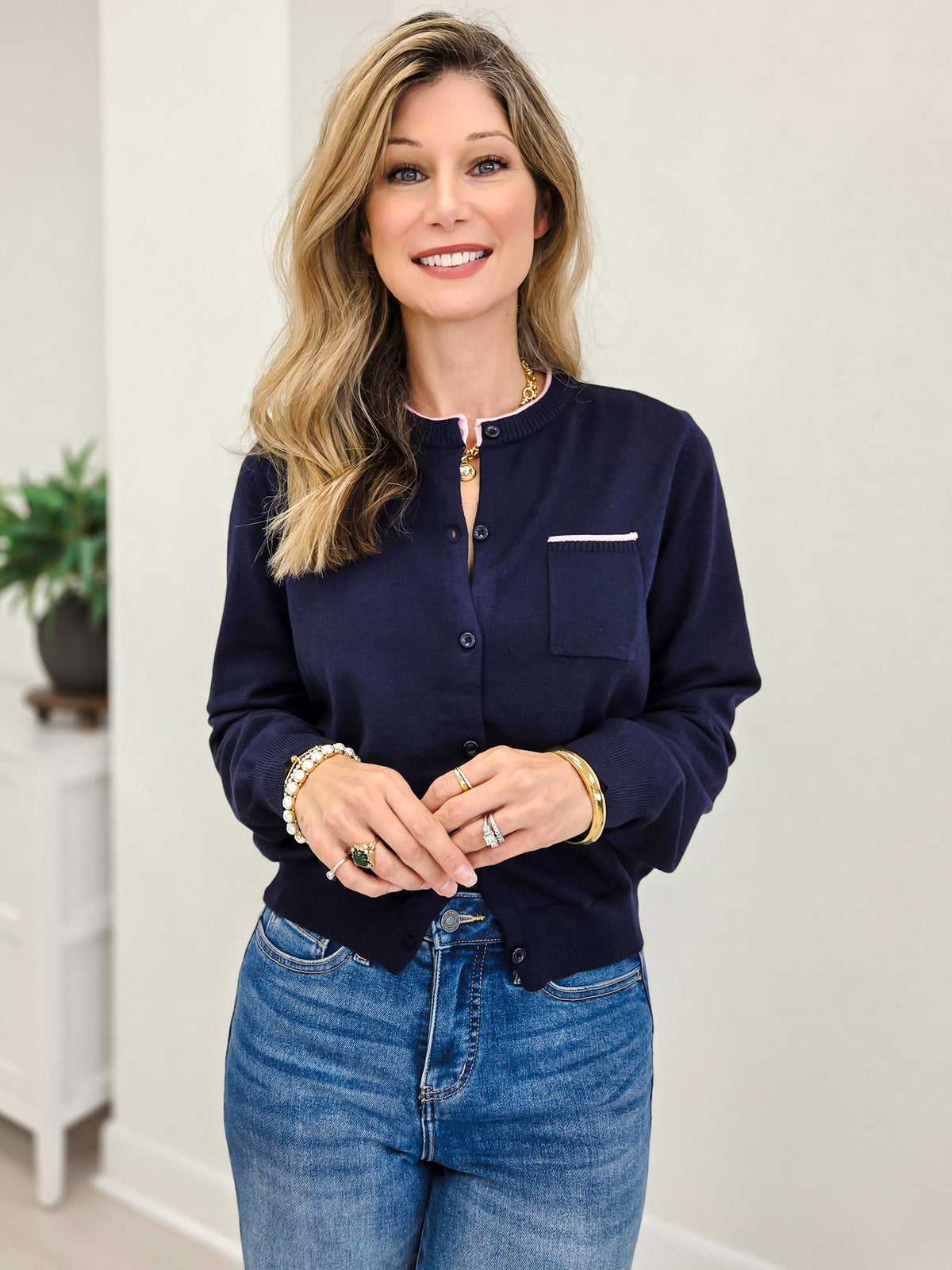 Button Down Cardigan With Contrast Piping