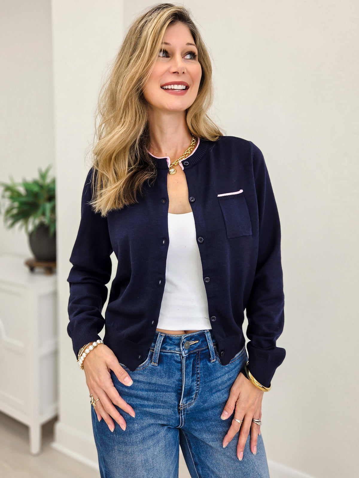 Button Down Cardigan With Contrast Piping