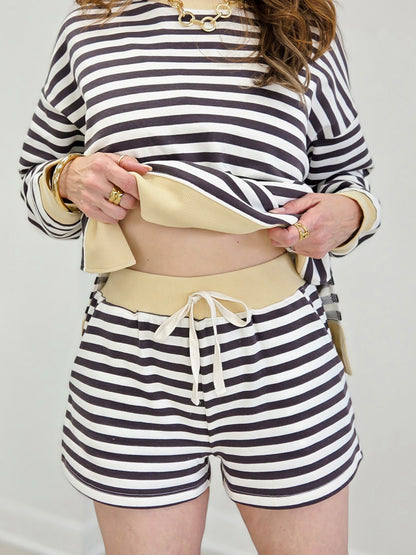 Striped Boxy Long Sleeve Top With Matching Shorts