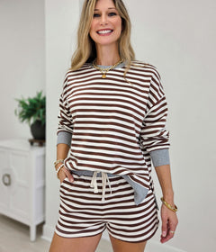 Striped Boxy Long Sleeve Top With Matching Shorts