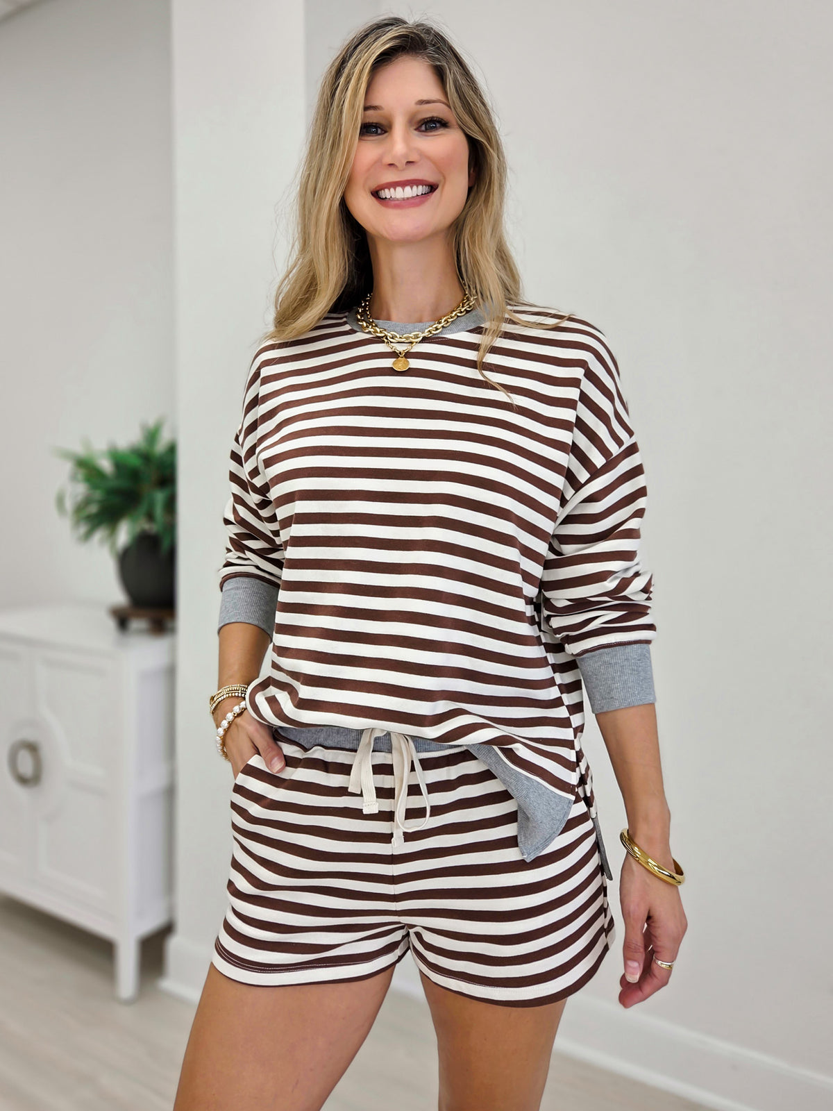 Striped Boxy Long Sleeve Top With Matching Shorts