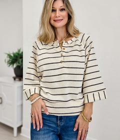 Stripe Henley Wide Half Sleeve Knit Top
