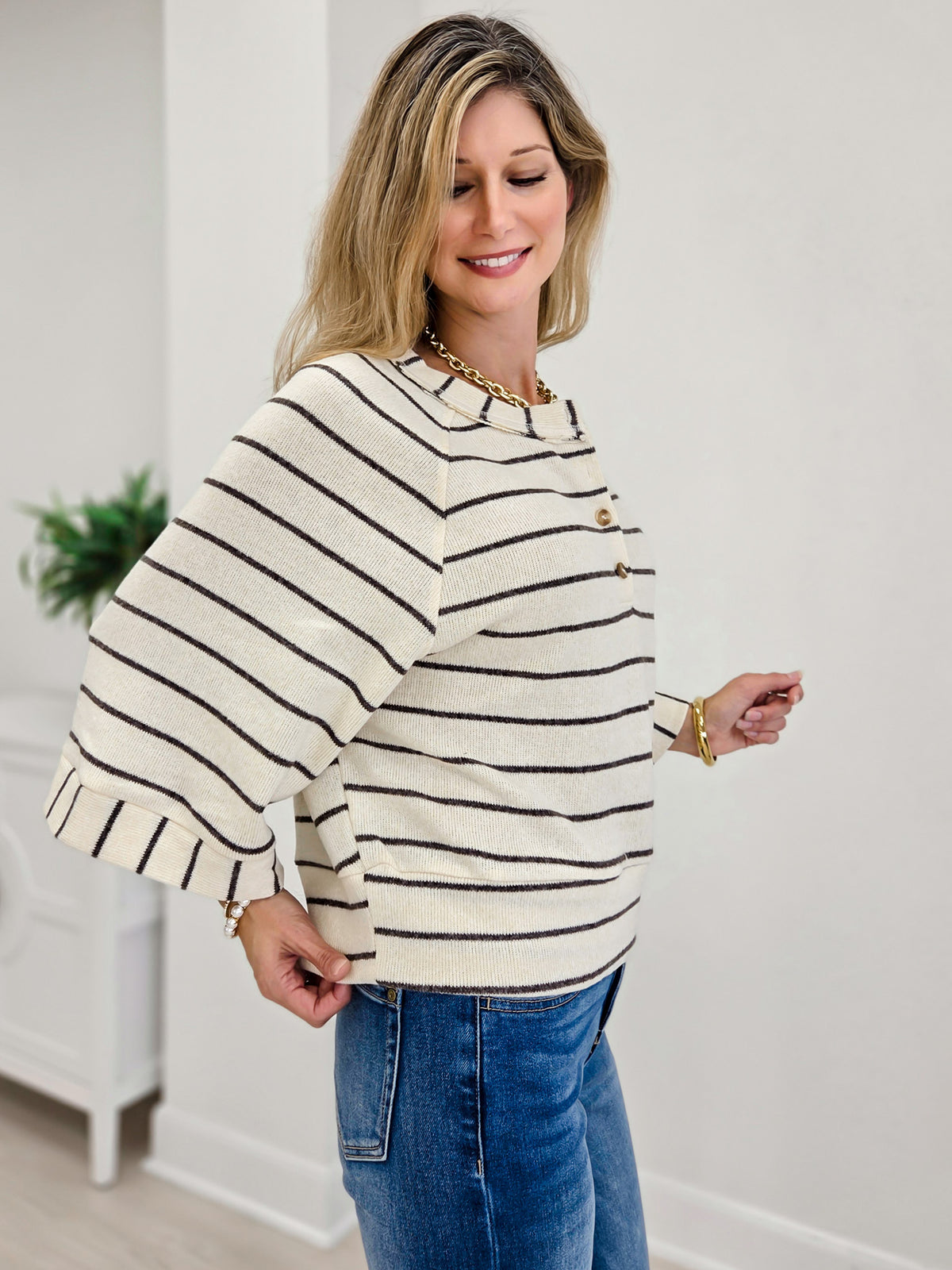 Stripe Henley Wide Half Sleeve Knit Top