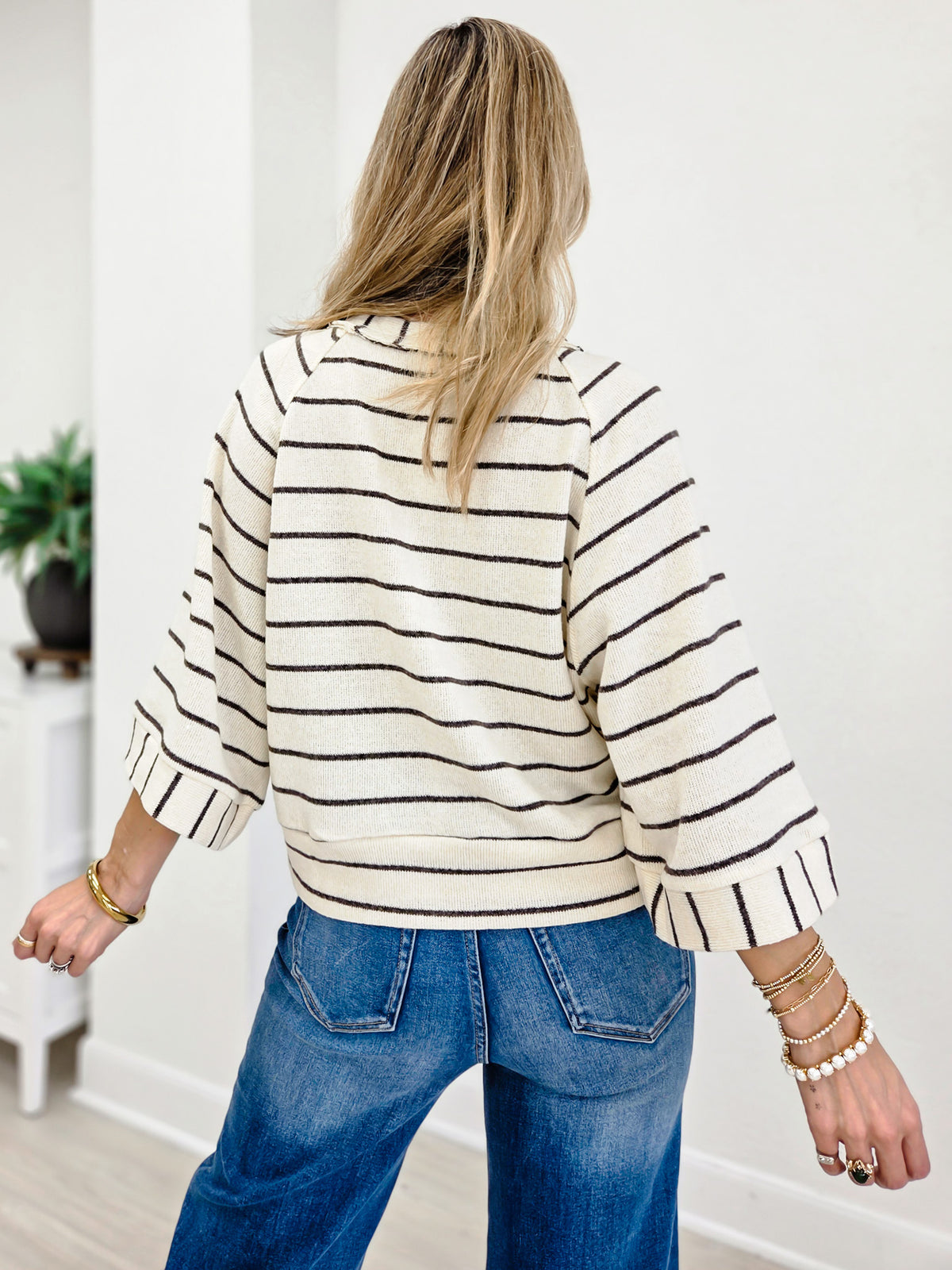 Stripe Henley Wide Half Sleeve Knit Top