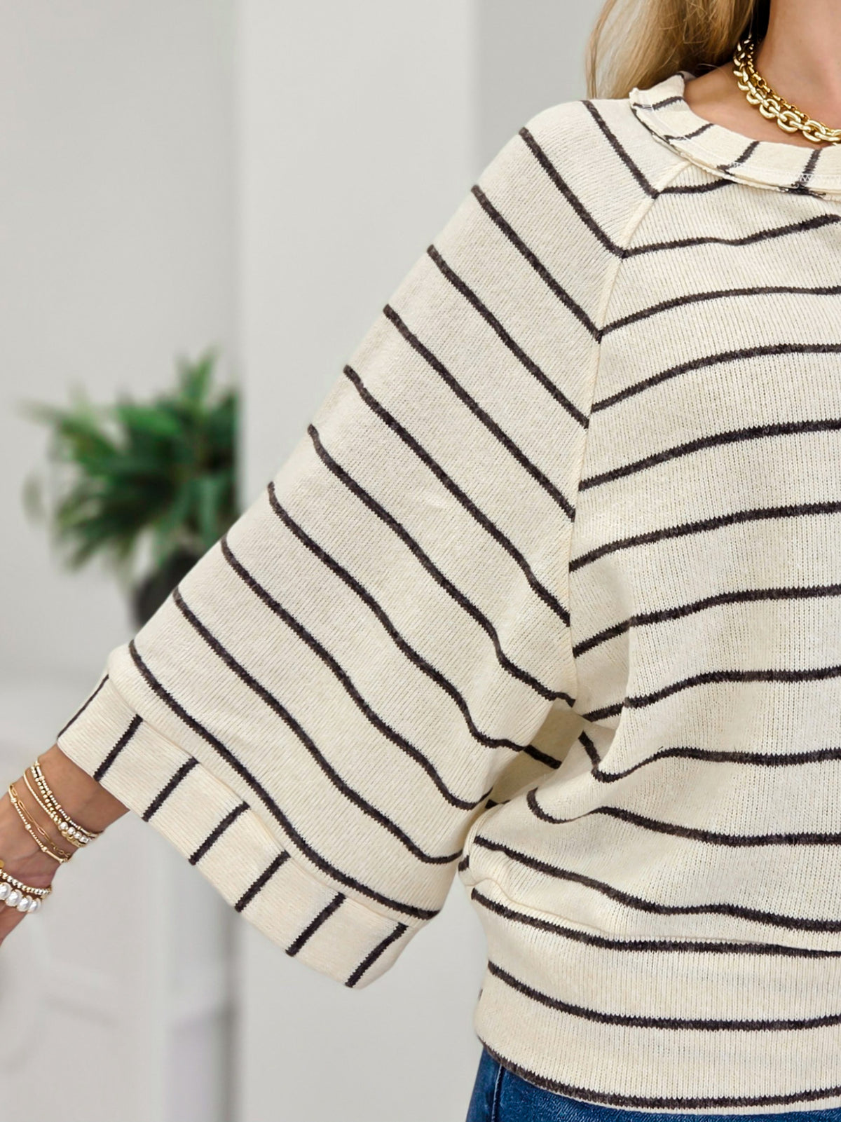 Stripe Henley Wide Half Sleeve Knit Top
