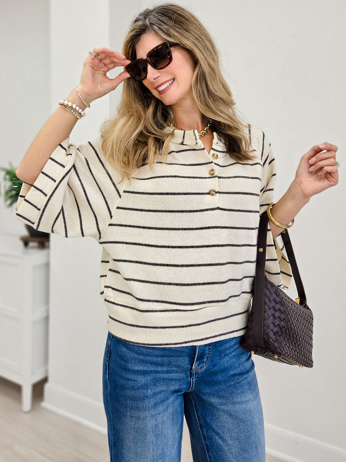 Stripe Henley Wide Half Sleeve Knit Top