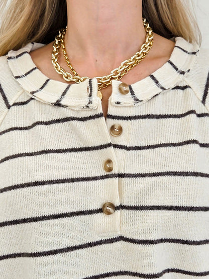 Stripe Henley Wide Half Sleeve Knit Top