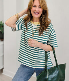Stripe Colorblock Detail Short Sleeve Knit T-Shirt