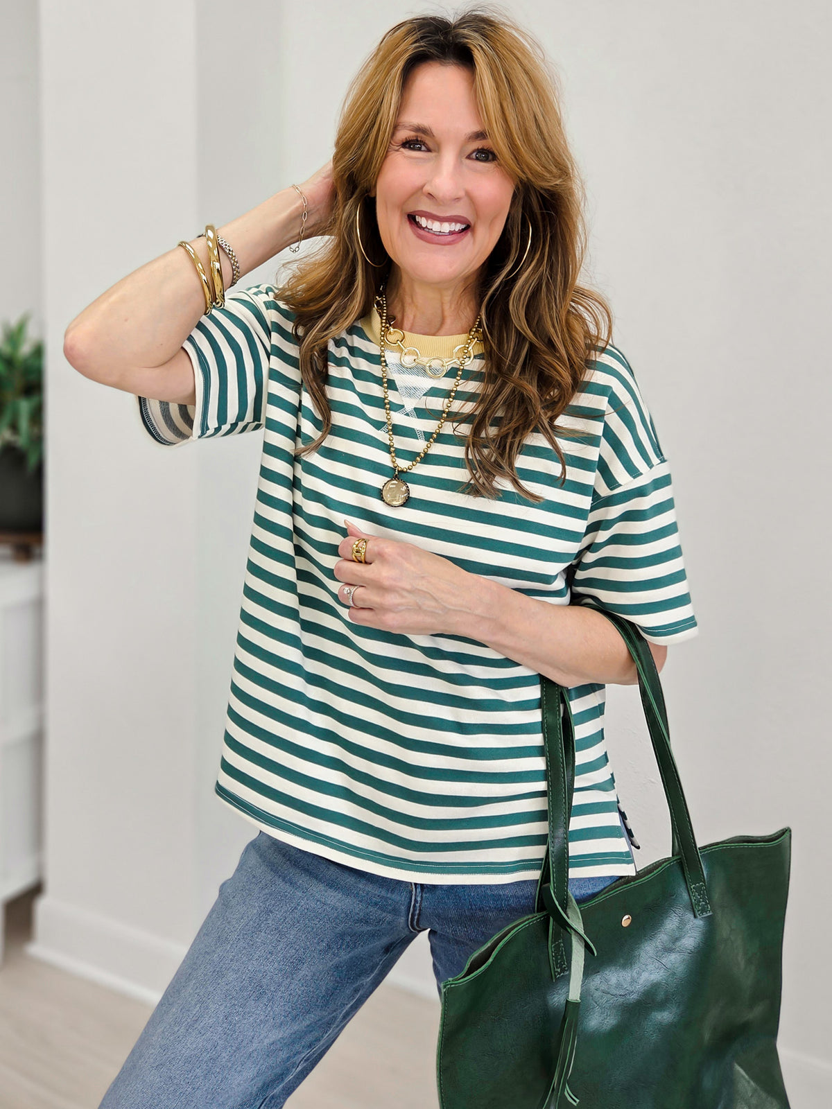Stripe Colorblock Detail Short Sleeve Knit T-Shirt