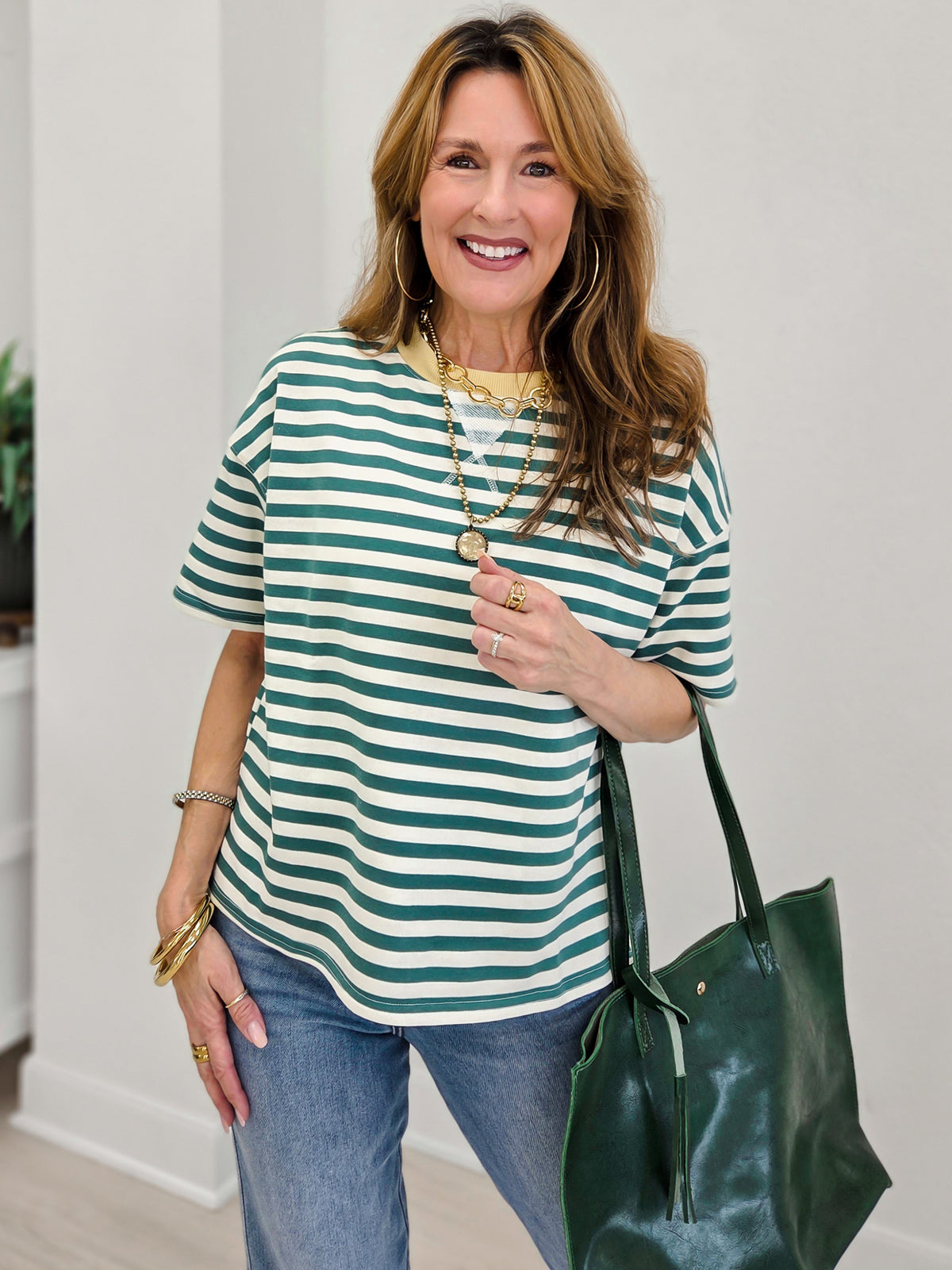 Stripe Colorblock Detail Short Sleeve Knit T-Shirt