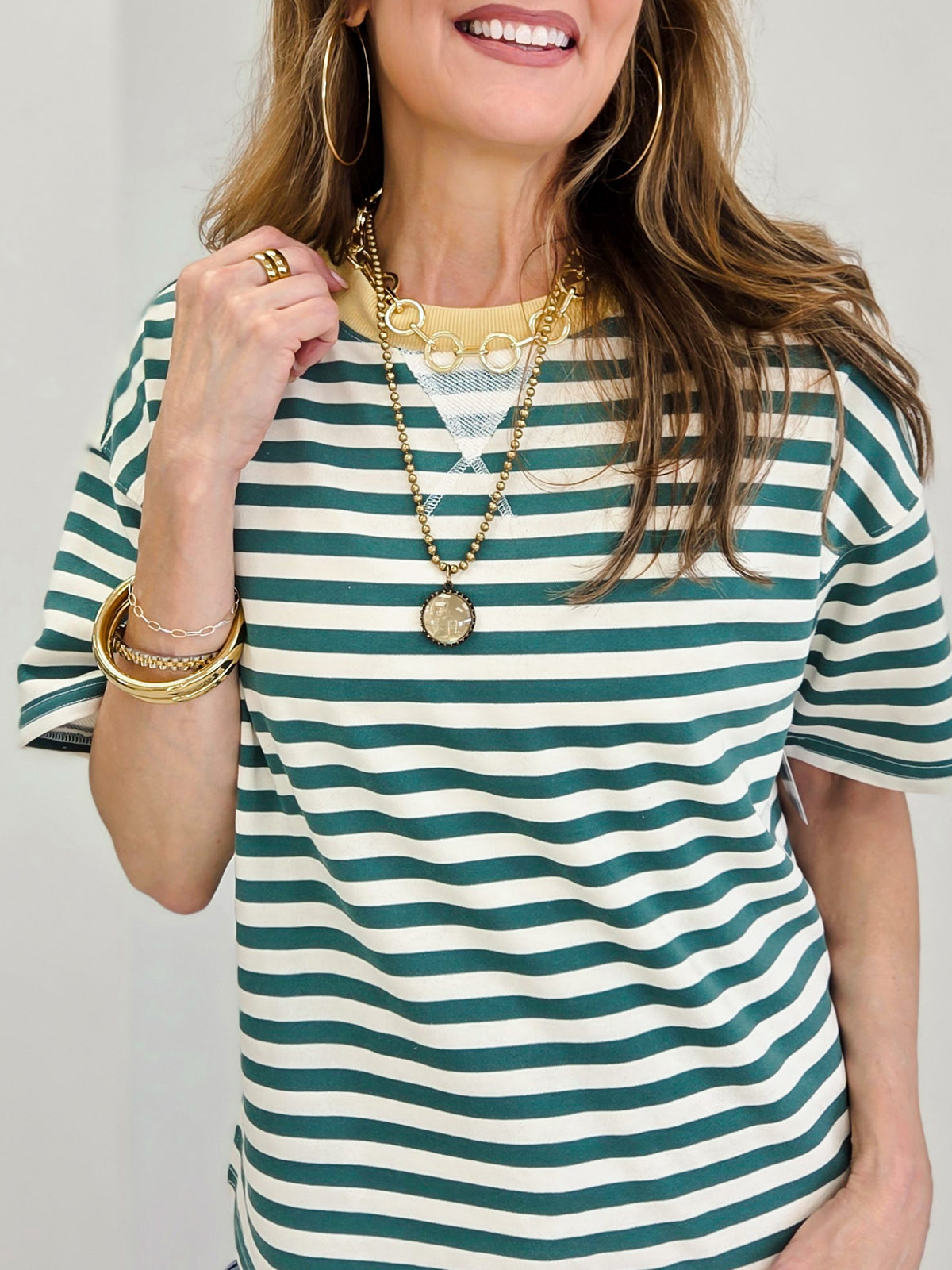 Stripe Colorblock Detail Short Sleeve Knit T-Shirt