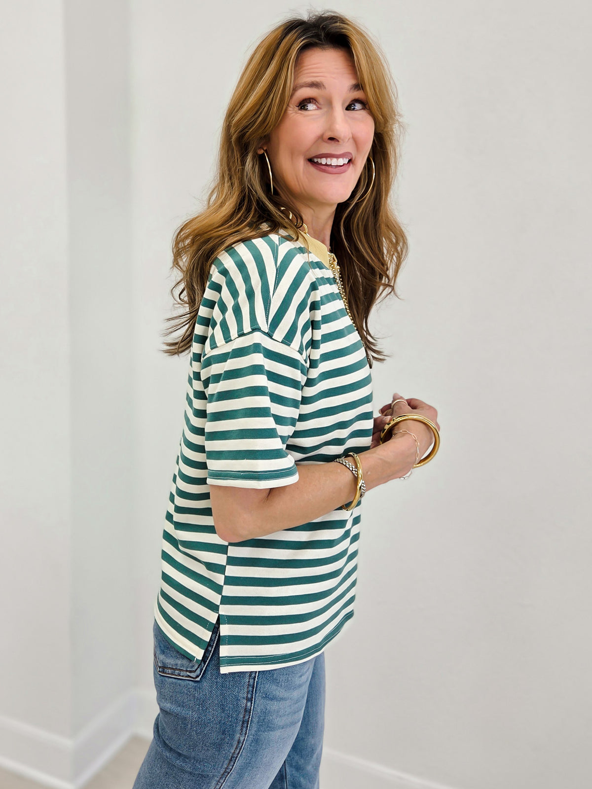 Stripe Colorblock Detail Short Sleeve Knit T-Shirt