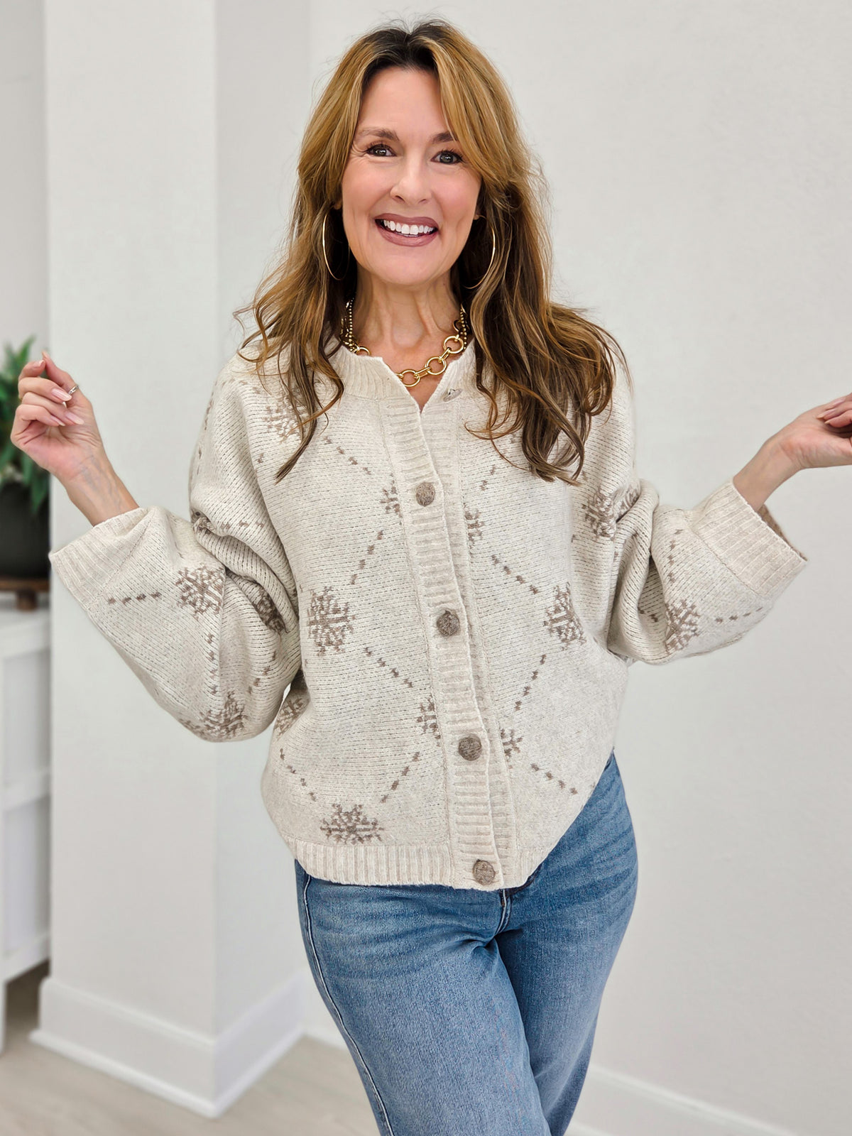 Snowflake Jacquard Button Down Knit Cardigan