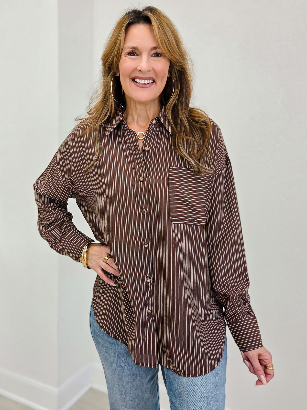 Pinstripe Collared Button Down Long Sleeve Shirt