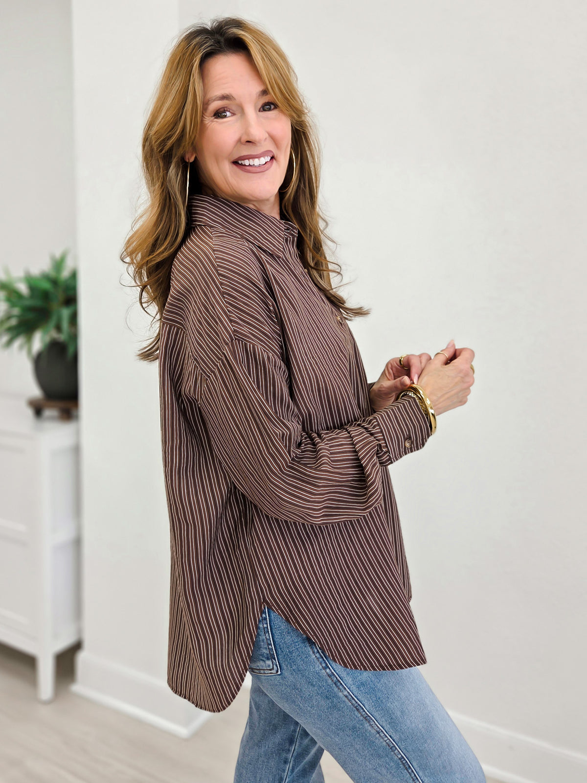 Pinstripe Collared Button Down Long Sleeve Shirt