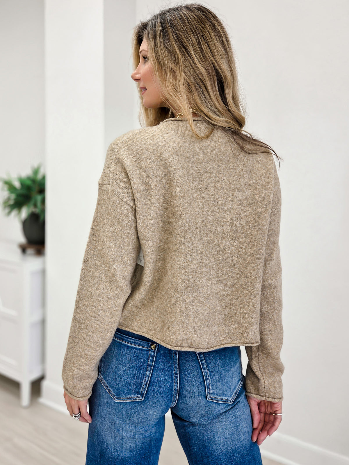 Raw Edge Mock Neck Button Down Cardigan